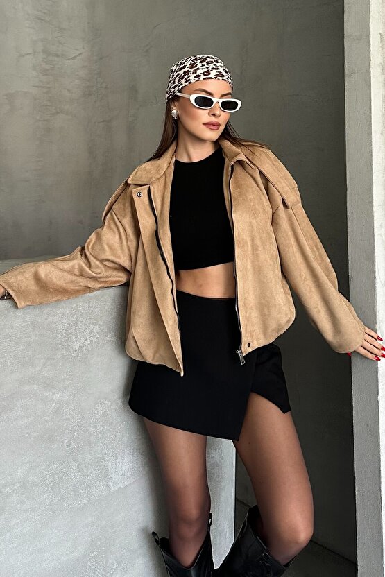 Kadın Oversize Süet Bomber Ceket - Yeni Sezon Deri Trend Ceket
