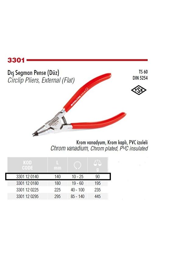 Dış Segman Pensesi Yaylı-Düz 140 mm (3301 12 0140)
