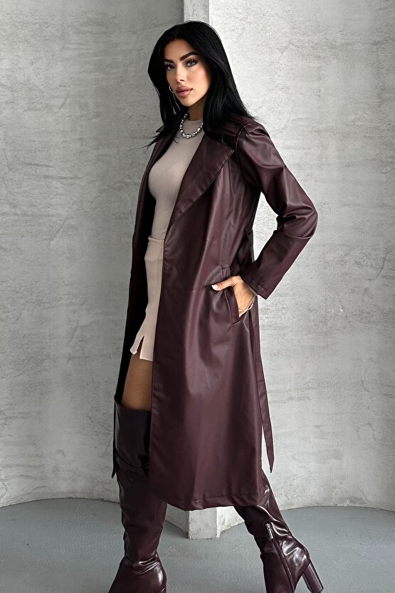Kadın Deri Trençkot - Uzun Kuşaklı Şık Mevsimlik