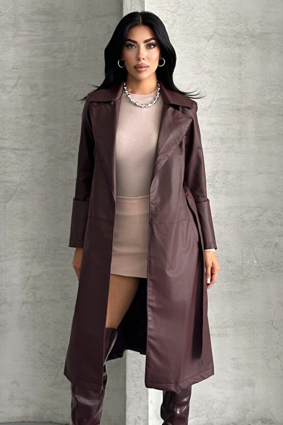 Kadın Deri Trençkot - Uzun Kuşaklı Şık Mevsimlik