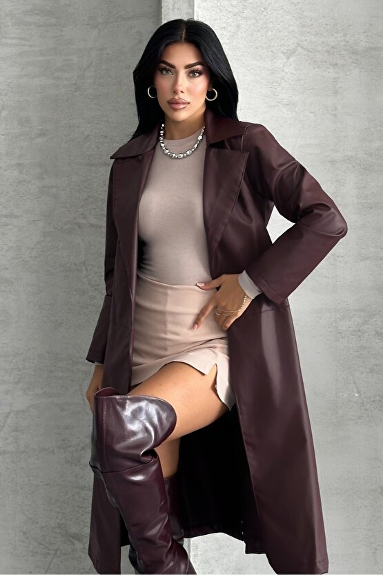 Kadın Deri Trençkot - Uzun Kuşaklı Şık Mevsimlik