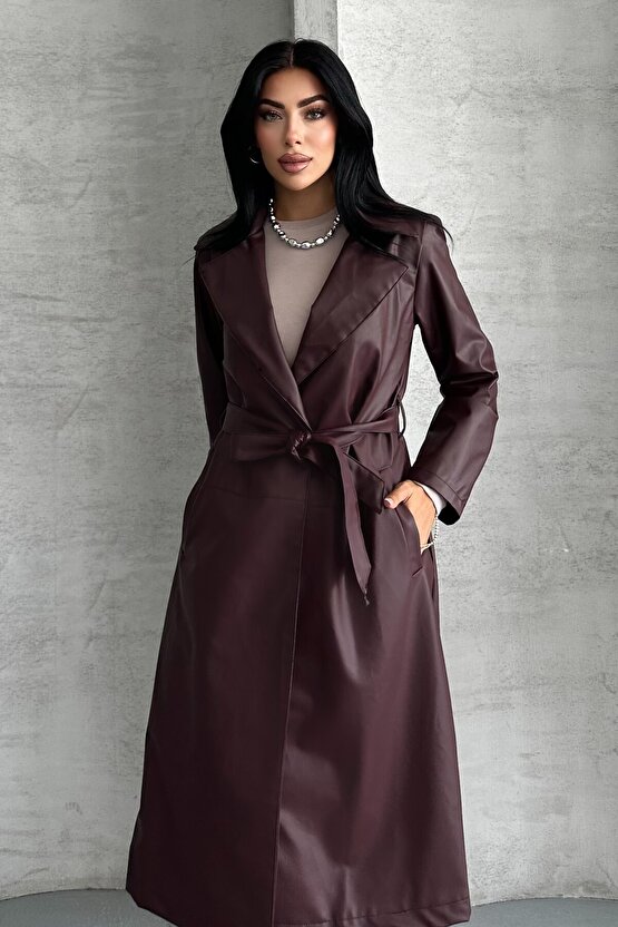 Kadın Deri Trençkot - Uzun Kuşaklı Şık Mevsimlik