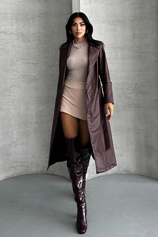 Kadın Deri Trençkot - Uzun Kuşaklı Şık Mevsimlik