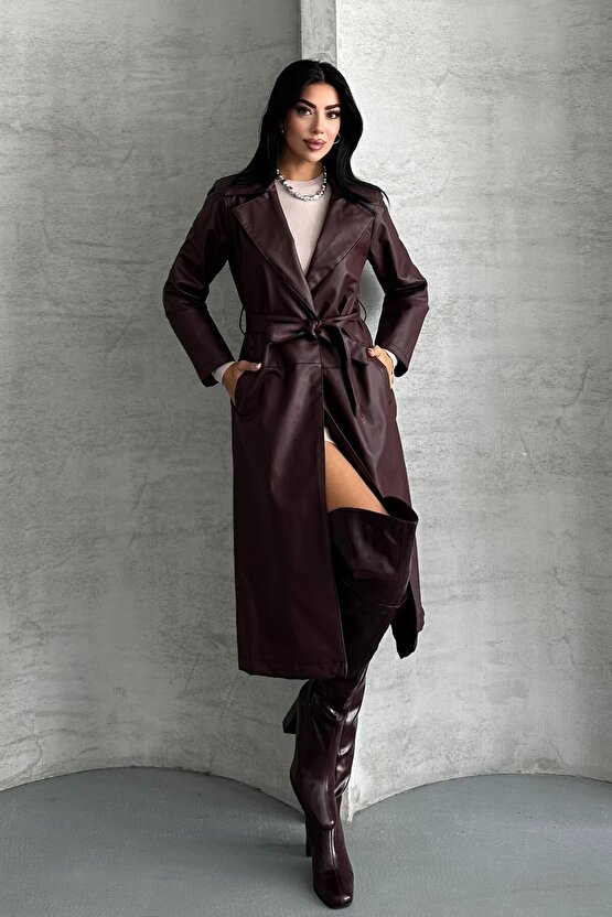 Kadın Deri Trençkot - Uzun Kuşaklı Şık Mevsimlik