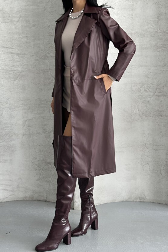 Kadın Deri Trençkot - Uzun Kuşaklı Şık Mevsimlik