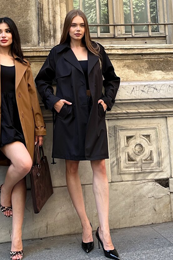 Kadın Kemerli Düğmeli Kruvaze Yaka Trençkot - Siyah 9360