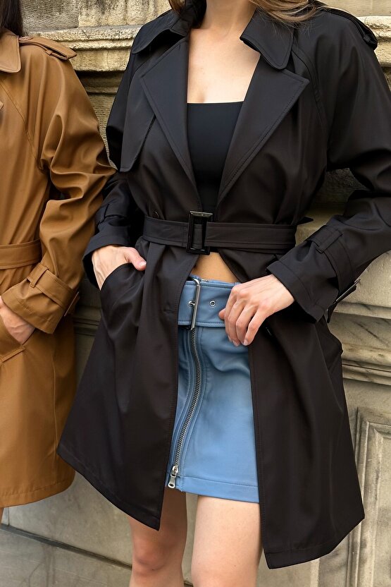 Kadın Kemerli Düğmeli Kruvaze Yaka Trençkot - Siyah 9360