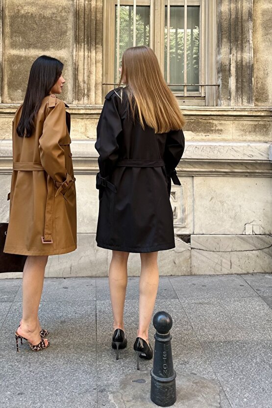 Kadın Kemerli Düğmeli Kruvaze Yaka Trençkot - Siyah 9360