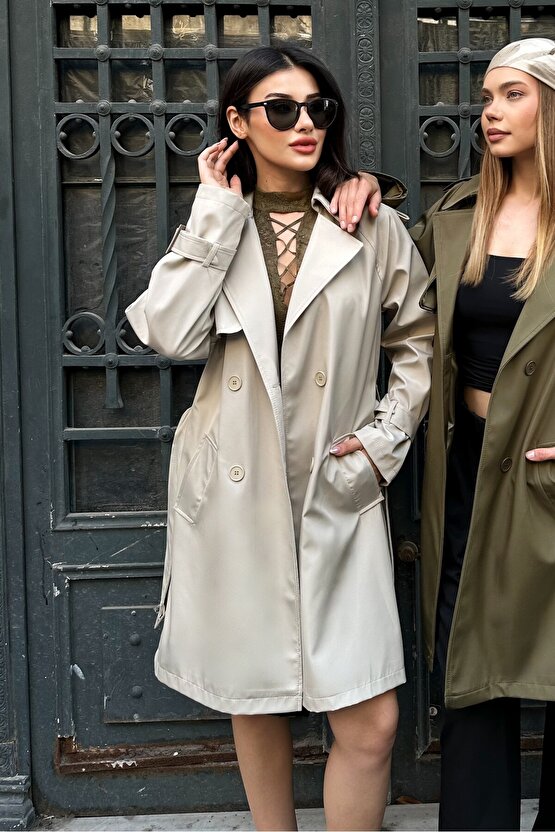 Kadın Kemerli Düğmeli Kruvaze Yaka Trençkot - Bej 9360