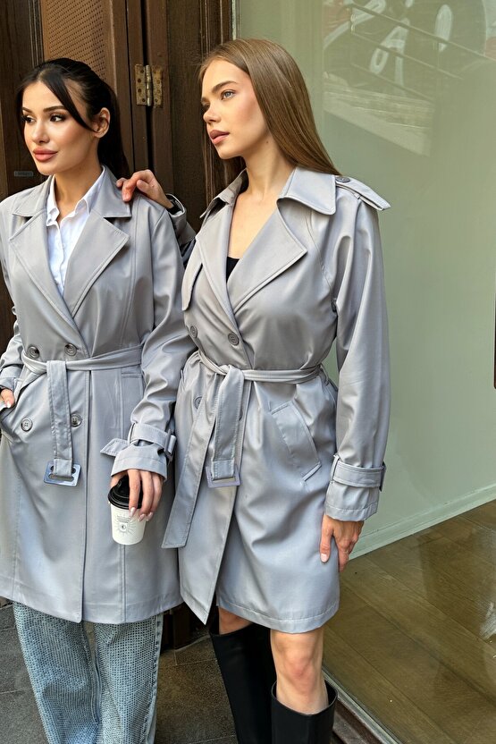 Kadın Kemerli Düğmeli Kruvaze Yaka Trençkot - Gri 9360