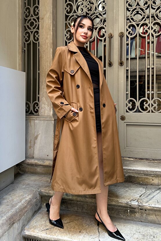 Kadın Belden Bağlamalı Kruvaze Yaka Uzun Trençkot - Taba 9358