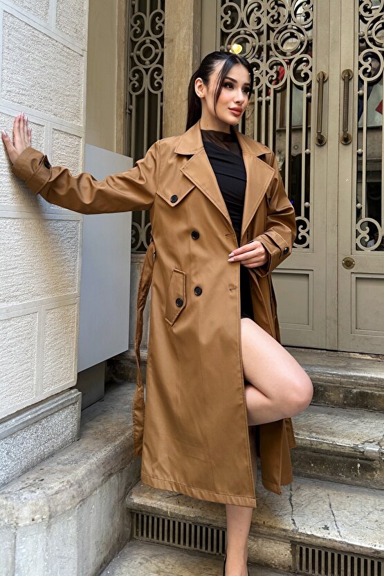 Kadın Belden Bağlamalı Kruvaze Yaka Uzun Trençkot - Taba 9358