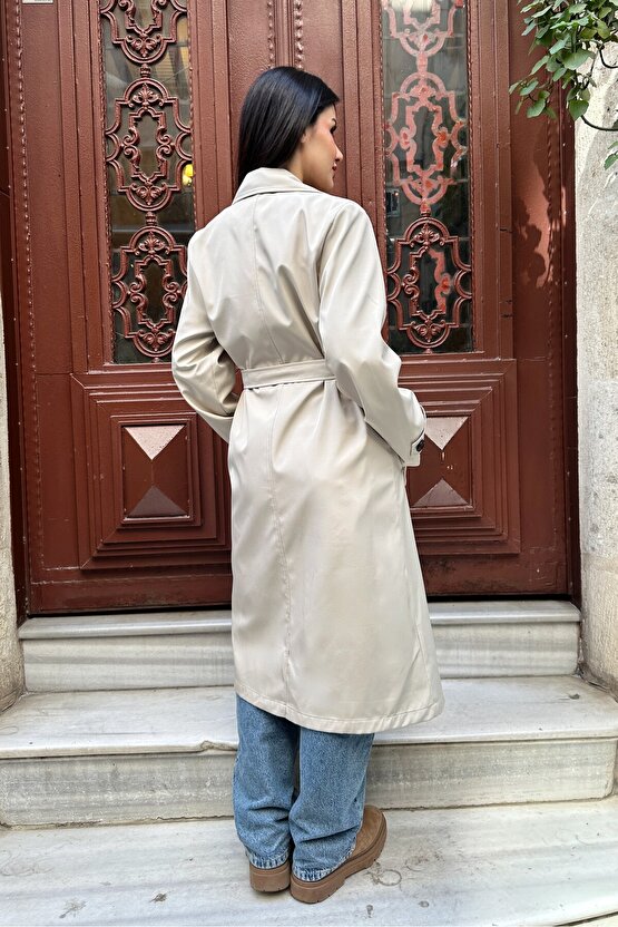 Kadın Belden Bağlamalı Kruvaze Yaka Uzun Trençkot - Bej 9358