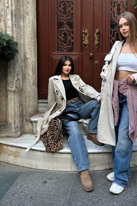 Kadın Belden Bağlamalı Kruvaze Yaka Uzun Trençkot - Bej 9358