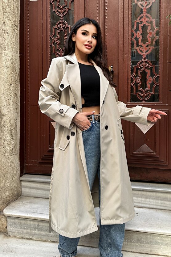 Kadın Belden Bağlamalı Kruvaze Yaka Uzun Trençkot - Bej 9358