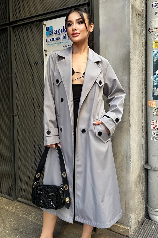 Kadın Belden Bağlamalı Kruvaze Yaka Uzun Trençkot - Gri 9358