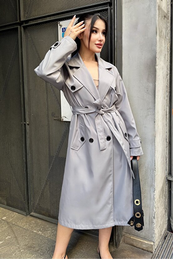 Kadın Belden Bağlamalı Kruvaze Yaka Uzun Trençkot - Gri 9358