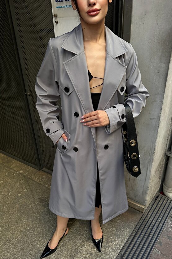 Kadın Belden Bağlamalı Kruvaze Yaka Uzun Trençkot - Gri 9358