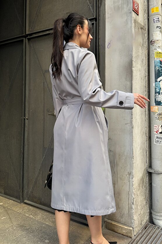 Kadın Belden Bağlamalı Kruvaze Yaka Uzun Trençkot - Gri 9358