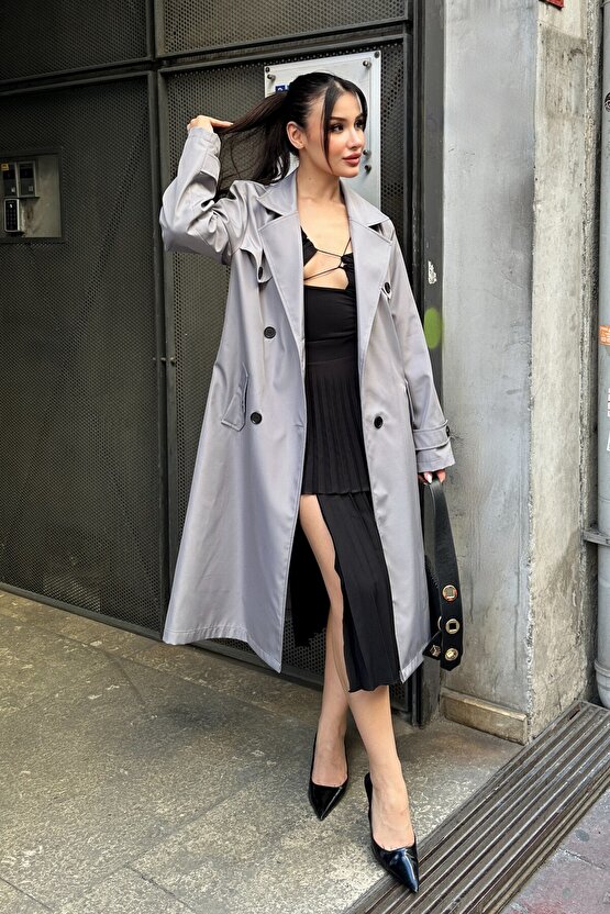 Kadın Belden Bağlamalı Kruvaze Yaka Uzun Trençkot - Gri 9358