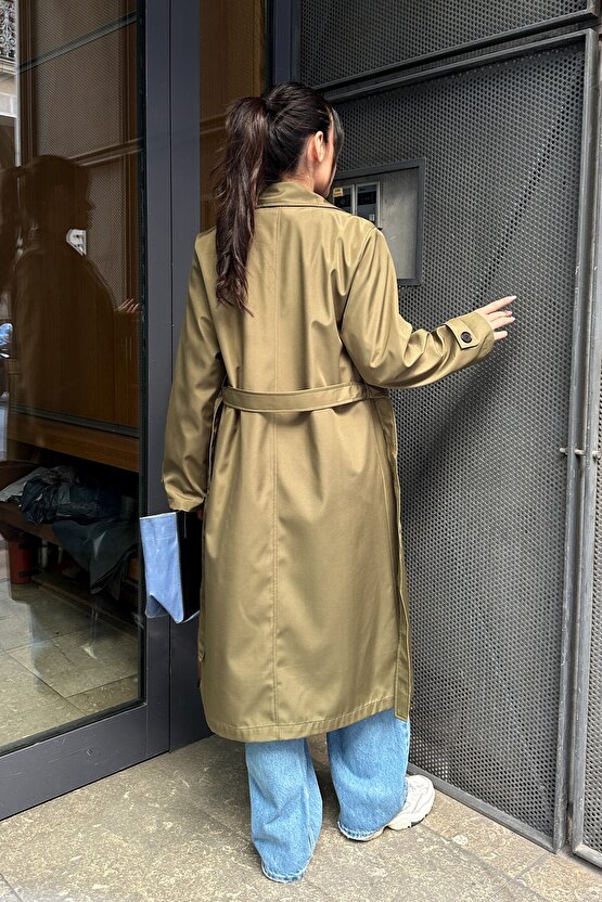 Kadın Belden Bağlamalı Kruvaze Yaka Uzun Trençkot - Haki 9358