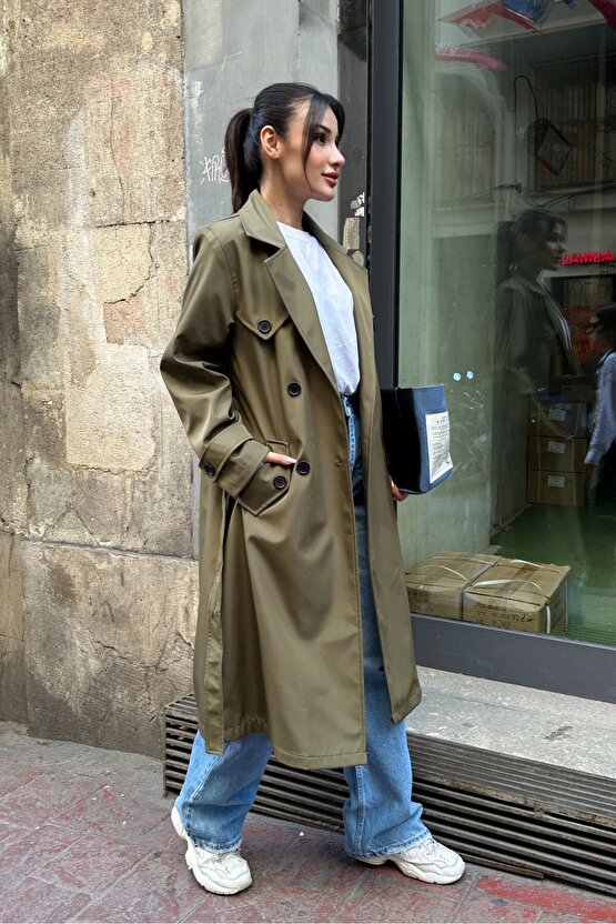 Kadın Belden Bağlamalı Kruvaze Yaka Uzun Trençkot - Haki 9358