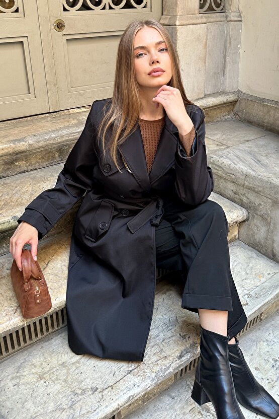 Kadın Belden Bağlamalı Kruvaze Yaka Uzun Trençkot - Siyah 9358