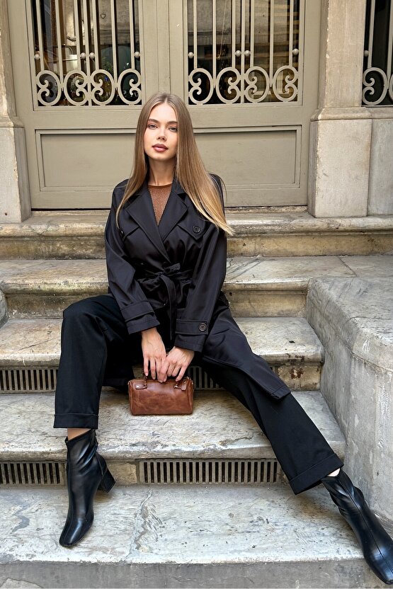 Kadın Belden Bağlamalı Kruvaze Yaka Uzun Trençkot - Siyah 9358