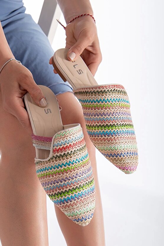 Kadın Taşlı Hasır Detay Günlük Sivri Burun Terlik