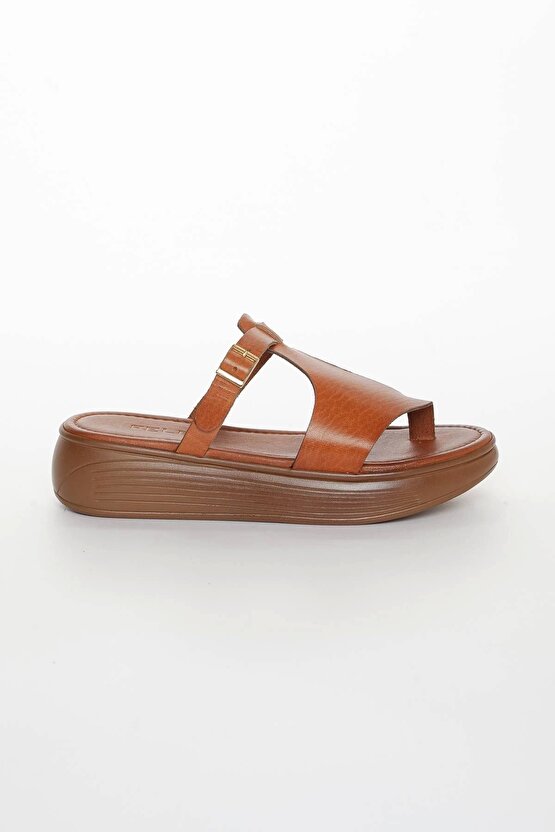 Hakiki Deri Kadın Parmak Arası Taba 4 Cm Terlik