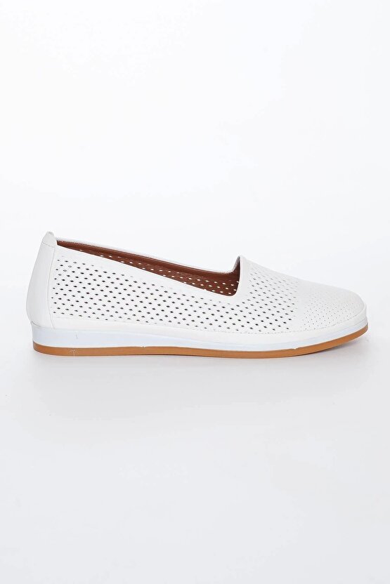 Hakiki Deri Kadın Günlük Ayakkabı Beyaz Lazer Işlemeli