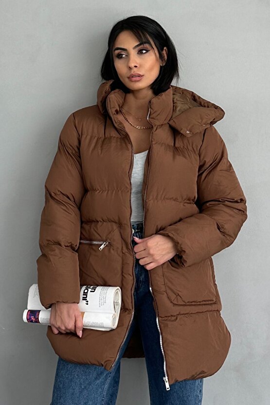 Kadın Kapüşonlu Şişme Uzun Mont