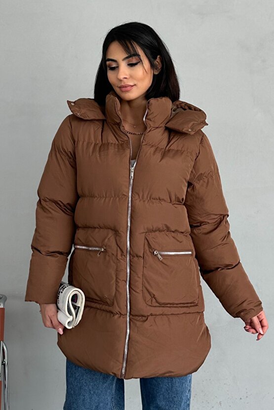 Kadın Kapüşonlu Şişme Uzun Mont