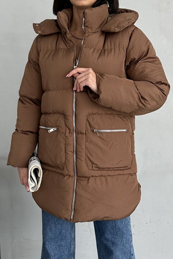 Kadın Kapüşonlu Şişme Uzun Mont