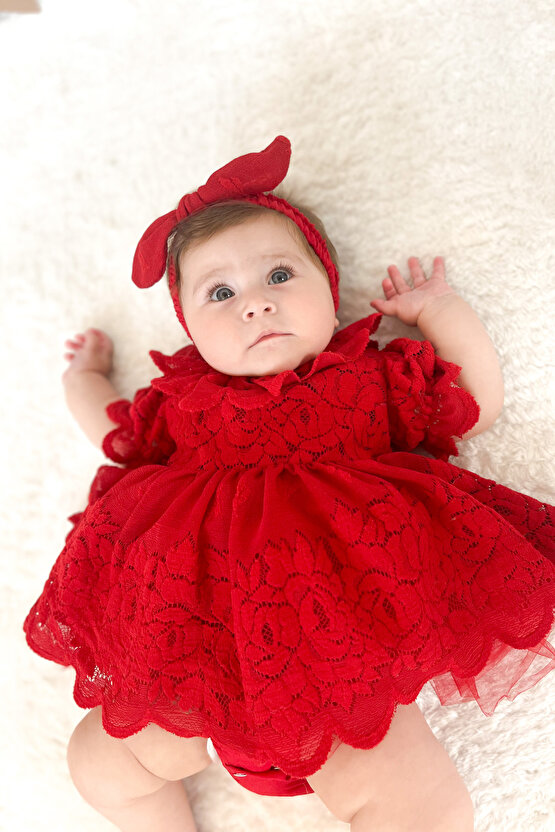 Kız Bebek Kız Çocuk Doğum Günü Parti Düğün Elbise Kısa Kol Bandanalı Dantelli Astarlı Romper