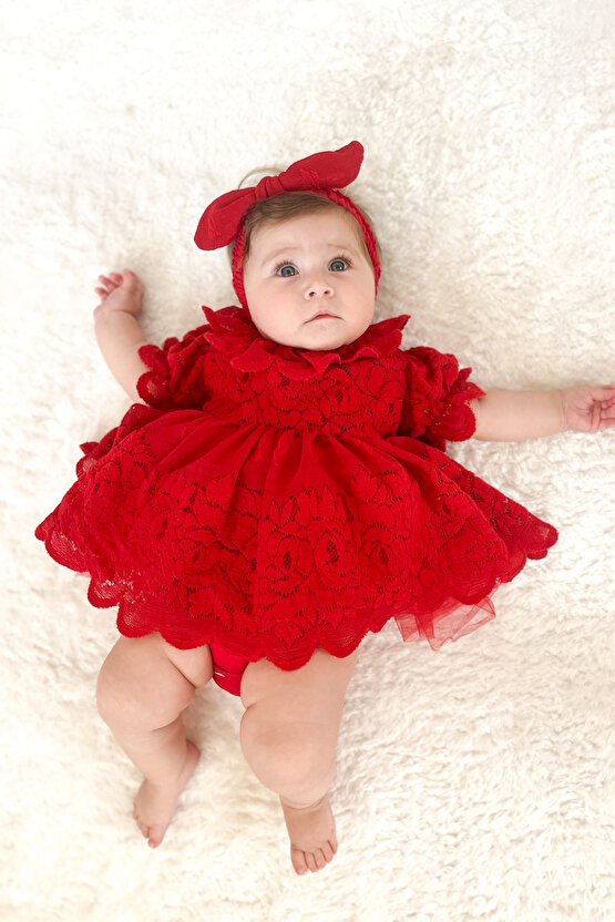 Kız Bebek Kız Çocuk Doğum Günü Parti Düğün Elbise Kısa Kol Bandanalı Dantelli Astarlı Romper