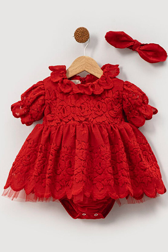 Kız Bebek Kız Çocuk Doğum Günü Parti Düğün Elbise Kısa Kol Bandanalı Dantelli Astarlı Romper