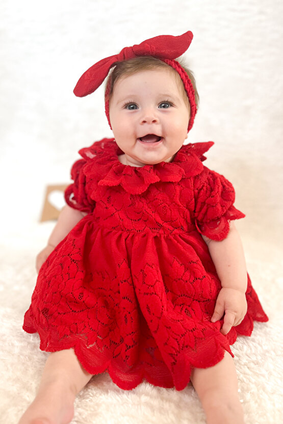 Kız Bebek Kız Çocuk Doğum Günü Parti Düğün Elbise Kısa Kol Bandanalı Dantelli Astarlı Romper