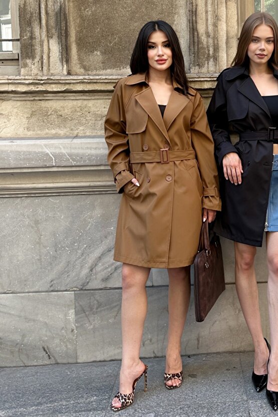 Kadın Kemerli Düğmeli Kruvaze Yaka Trençkot - Taba 9360