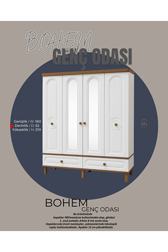 Bohem Genç Odası Takımı - Gardırop - Çalışma Masası - Şifonyer - Komodin