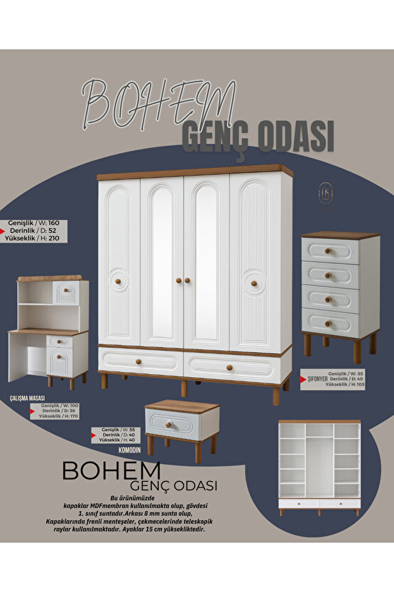 Bohem Genç Odası Takımı - Gardırop - Çalışma Masası - Şifonyer - Komodin