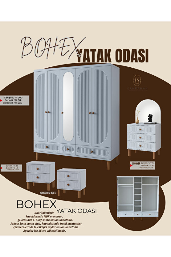 Bohex Yatak Odası Takımı - MDF Kapak Gardırop - Şifonyer - 2li Komodin