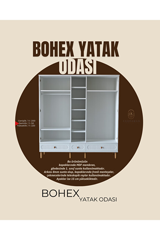 Bohex Yatak Odası Takımı - MDF Kapak Gardırop - Şifonyer - 2li Komodin