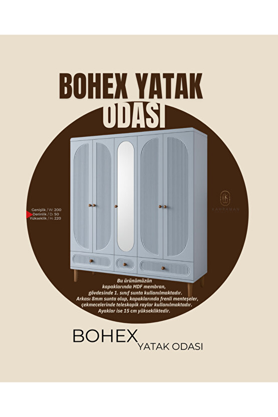 Bohex Yatak Odası Takımı - MDF Kapak Gardırop - Şifonyer - 2li Komodin