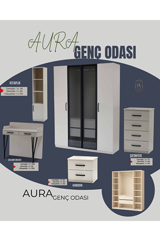 Aura Genç Odası Takımı - MDF - Gardırop - Şifonyer -Çalışma Masası - Kitaplık - Komodin