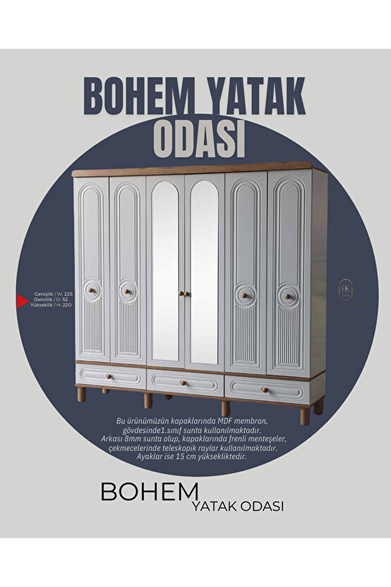 Bohem Yatak Odası Takımı - 6 Kapaklı MDF Kapak Gardırop - Şifonyer - Makyaj Masası - 2li Komodin