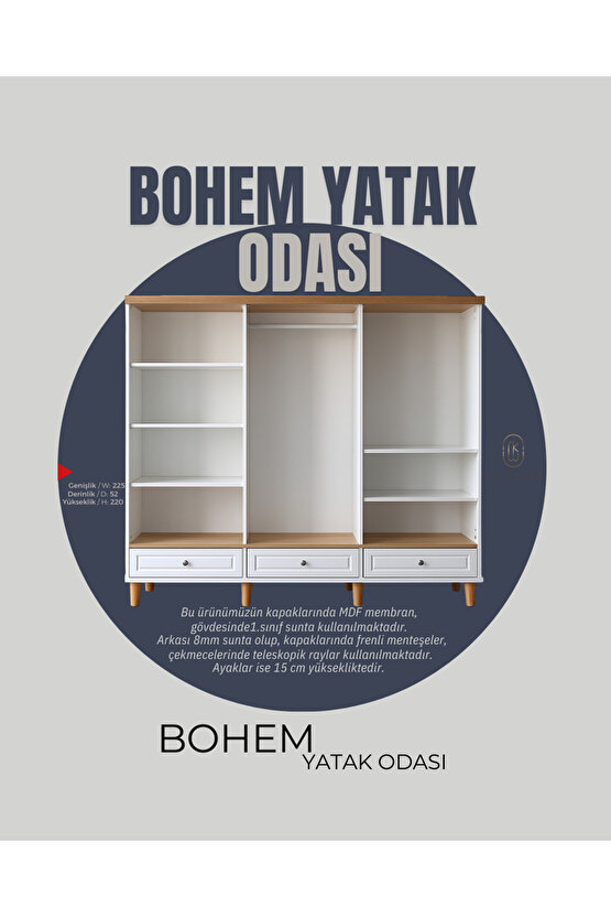 Bohem Yatak Odası Takımı - 6 Kapaklı MDF Kapak Gardırop - Şifonyer - Makyaj Masası - 2li Komodin