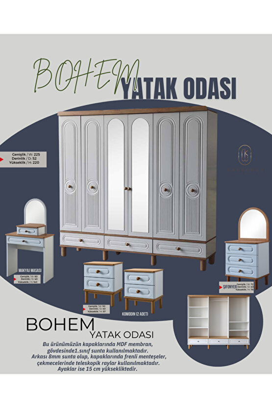 Bohem Yatak Odası Takımı - 6 Kapaklı MDF Kapak Gardırop - Şifonyer - Makyaj Masası - 2li Komodin