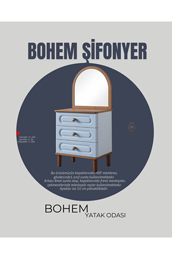 Bohem Yatak Odası Takımı - 6 Kapaklı MDF Kapak Gardırop - Şifonyer - Makyaj Masası - 2li Komodin