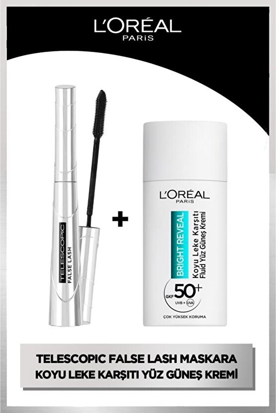 False Lash Telescopic Fiber Maskara & Bright Reveal Spf 50+ Koyu Leke Karşıtı Günlük Yüz Güneş Kremi